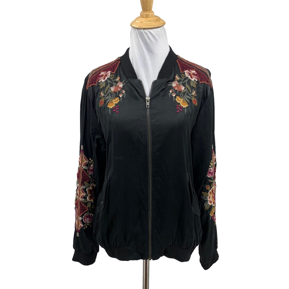 Johnny Was Bomber Womens M Medium Black Terre Silk Floral Zip Embroidered Jacket